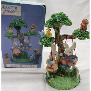 VTG EASTER JUBILEE SPRINGTIME SWING TIME BOY &GIRL BUNNIES SWINGING ON TREE 1996
